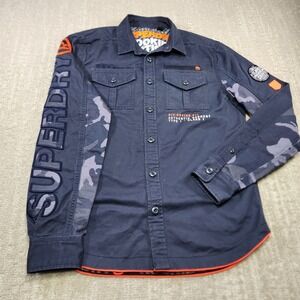 Superdry Shirt Men Medium Rookie Military Edition Camo Heavy Cotton Twill Blue